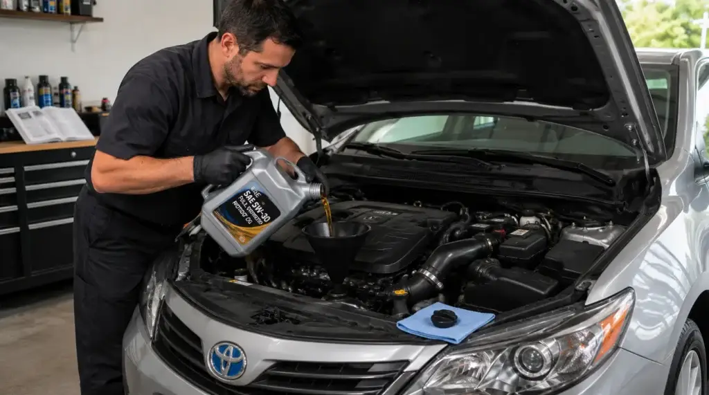 Mechanic pouring fresh engine oil through a funnel into a vehicle engine