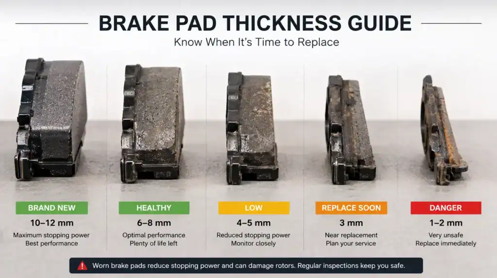 Brake pad thickness guide showing safe, low, and dangerous brake pad wear levels