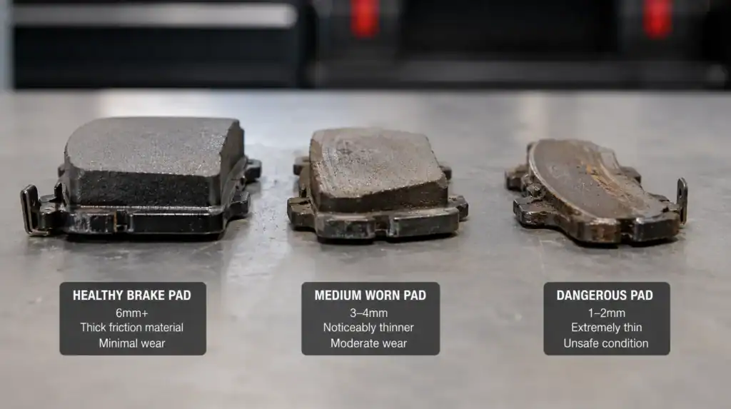 Comparison of healthy, worn, and dangerous brake pad thickness levels side by side