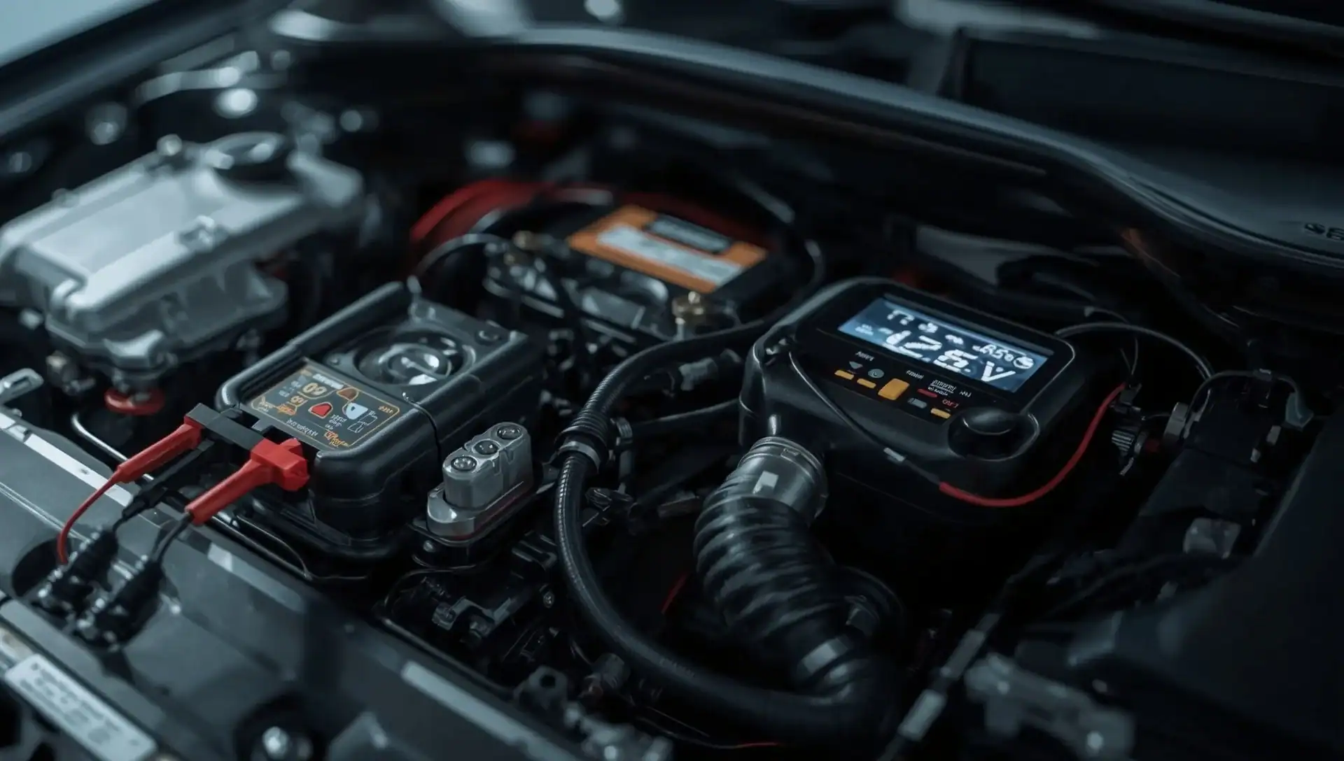 Car battery voltage reading showing 12.6V on a digital multimeter
