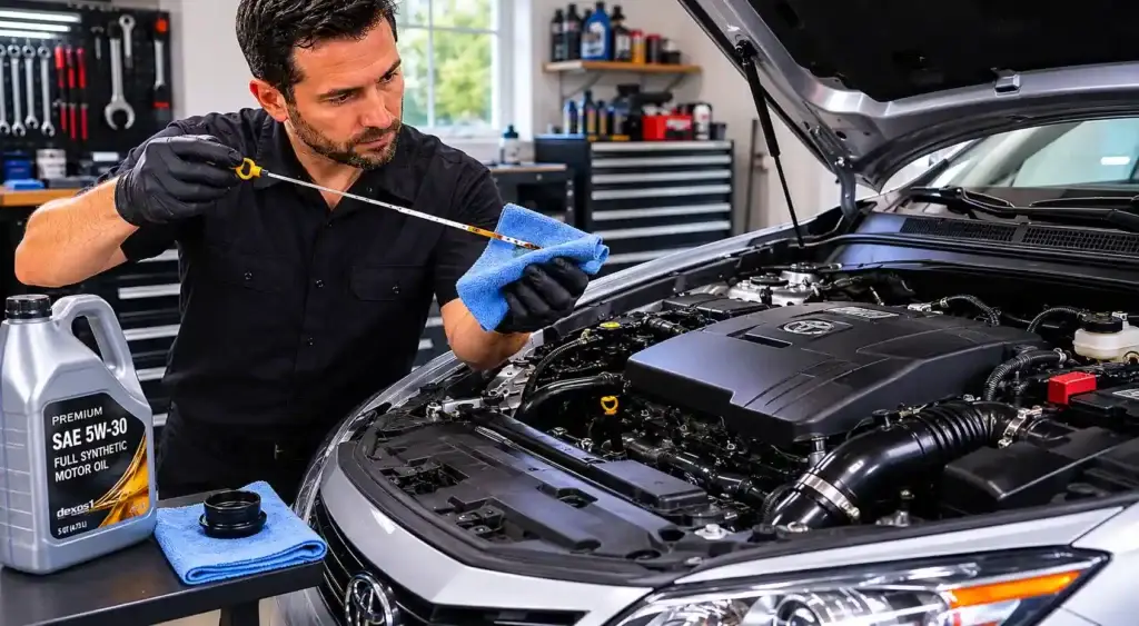 Mechanic checking engine oil level with a dipstick after adding new oil