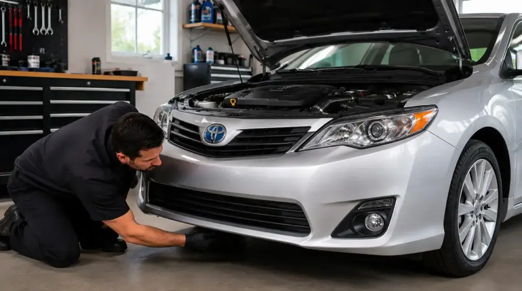 Mechanic inspecting for oil leaks around the engine after completing an oil change