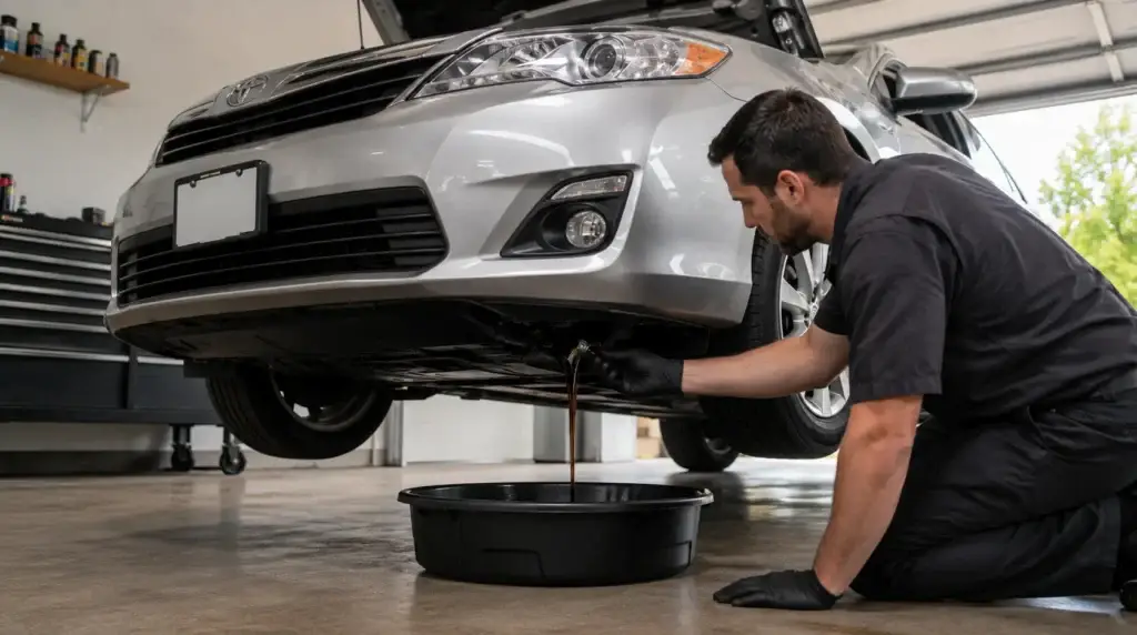 Mechanic draining old engine oil into a drain pan during an oil change