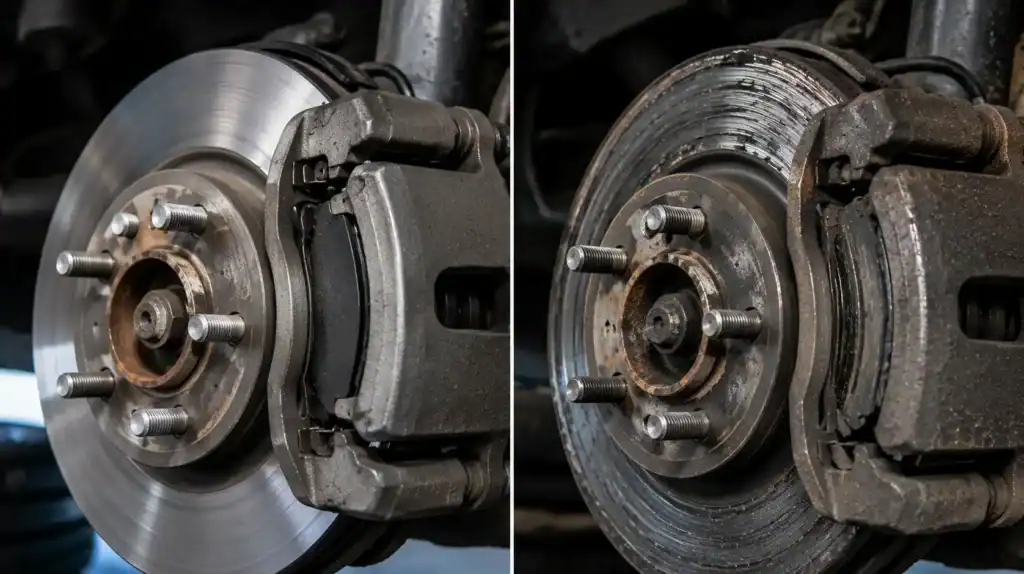 Side-by-side comparison of healthy brake rotor and severely worn brake pad damage