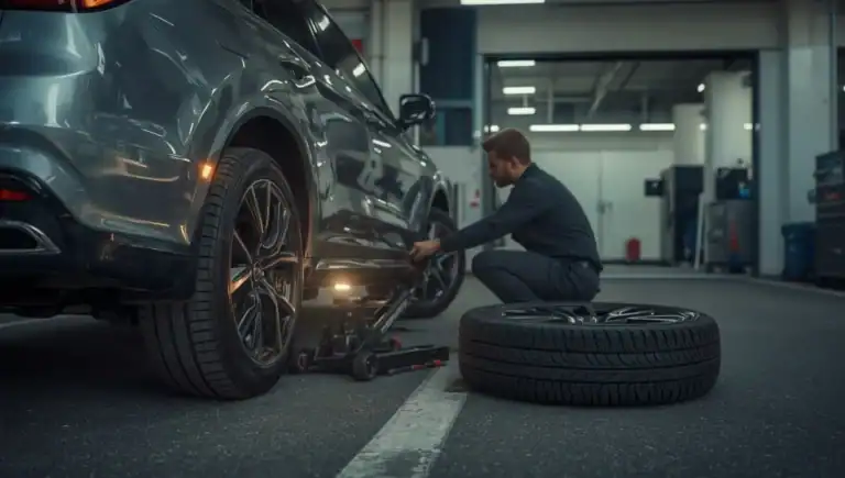 Professional mechanic changing a flat tire on a modern car roadside during daylight