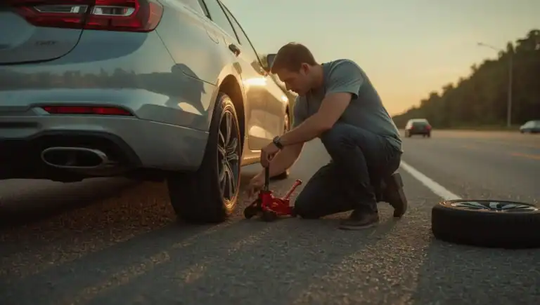 Man changing a flat tire on the side of a highway