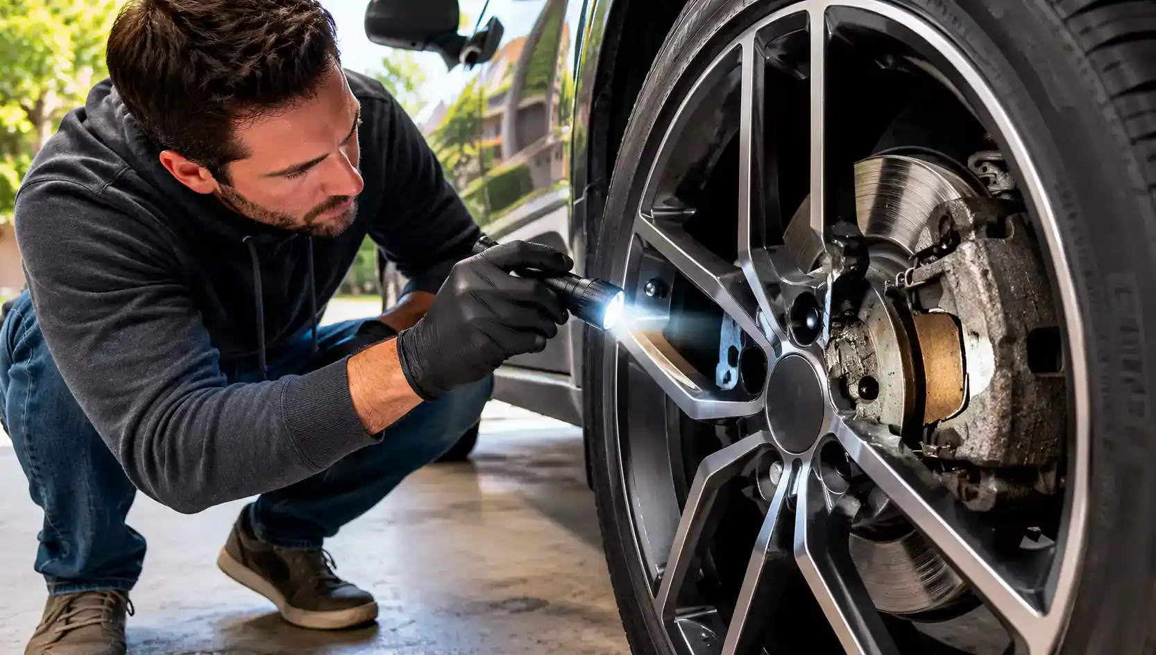 car owner checking brake pads through alloy wheel spokes using flashlight in residential driveway