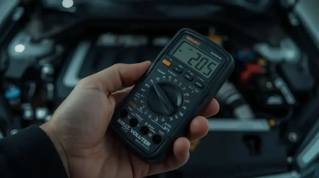 Multimeter dial set to DC voltage 20V range for car battery testing