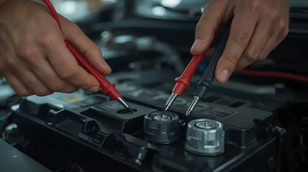Red and black multimeter probes connected to car battery positive and negative terminals