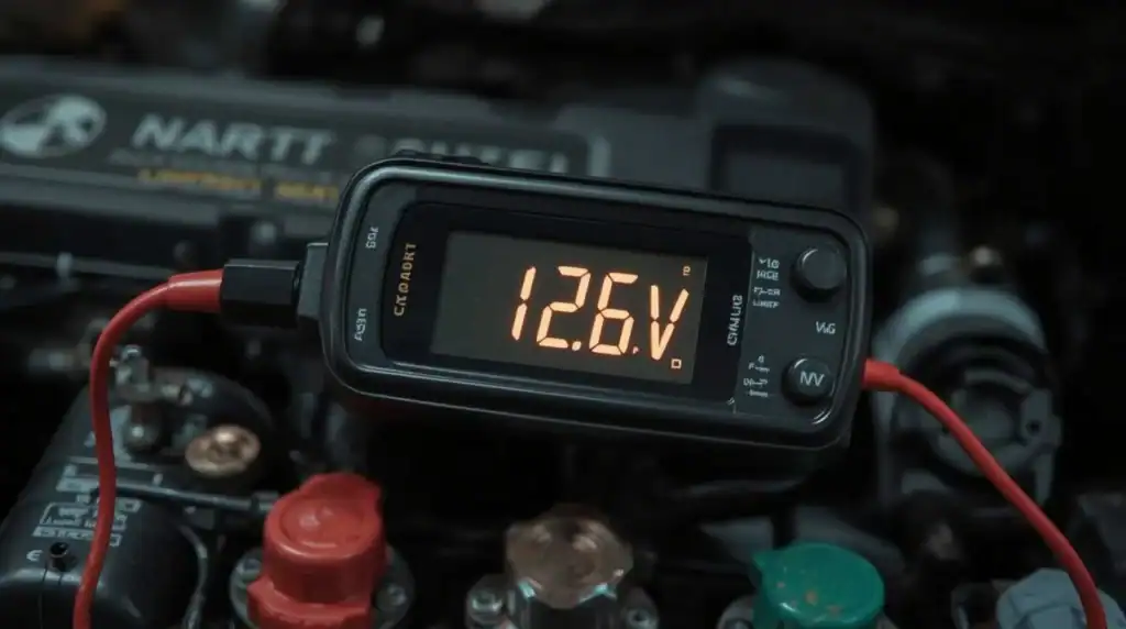 Digital multimeter screen displaying 12.6V healthy car battery voltage reading