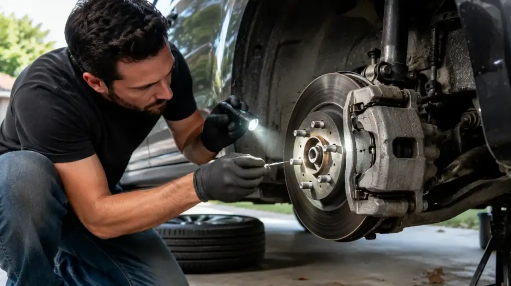 Exposed brake rotor and brake pads after wheel removal during DIY brake inspection