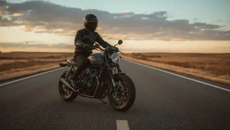 A beginner rider sitting on a naked street motorcycle on an open road learning how to ride a bike