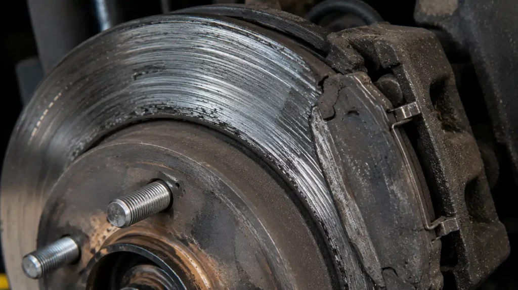 Deeply scored brake rotor with completely worn brake pad causing metal scraping damage