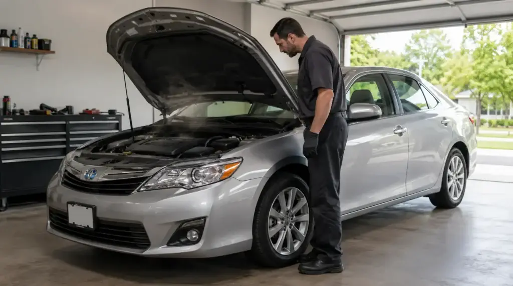 Vehicle parked safely with hood open while the engine cools before an oil change