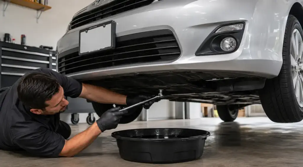 Mechanic tightening the oil drain plug after draining old engine oil