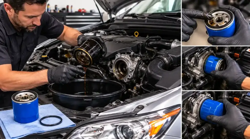 Mechanic removing an old oil filter and installing a new oil filter